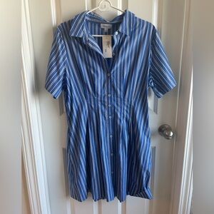 Evereve Blue and White Striped Button-Front Shirt Dress